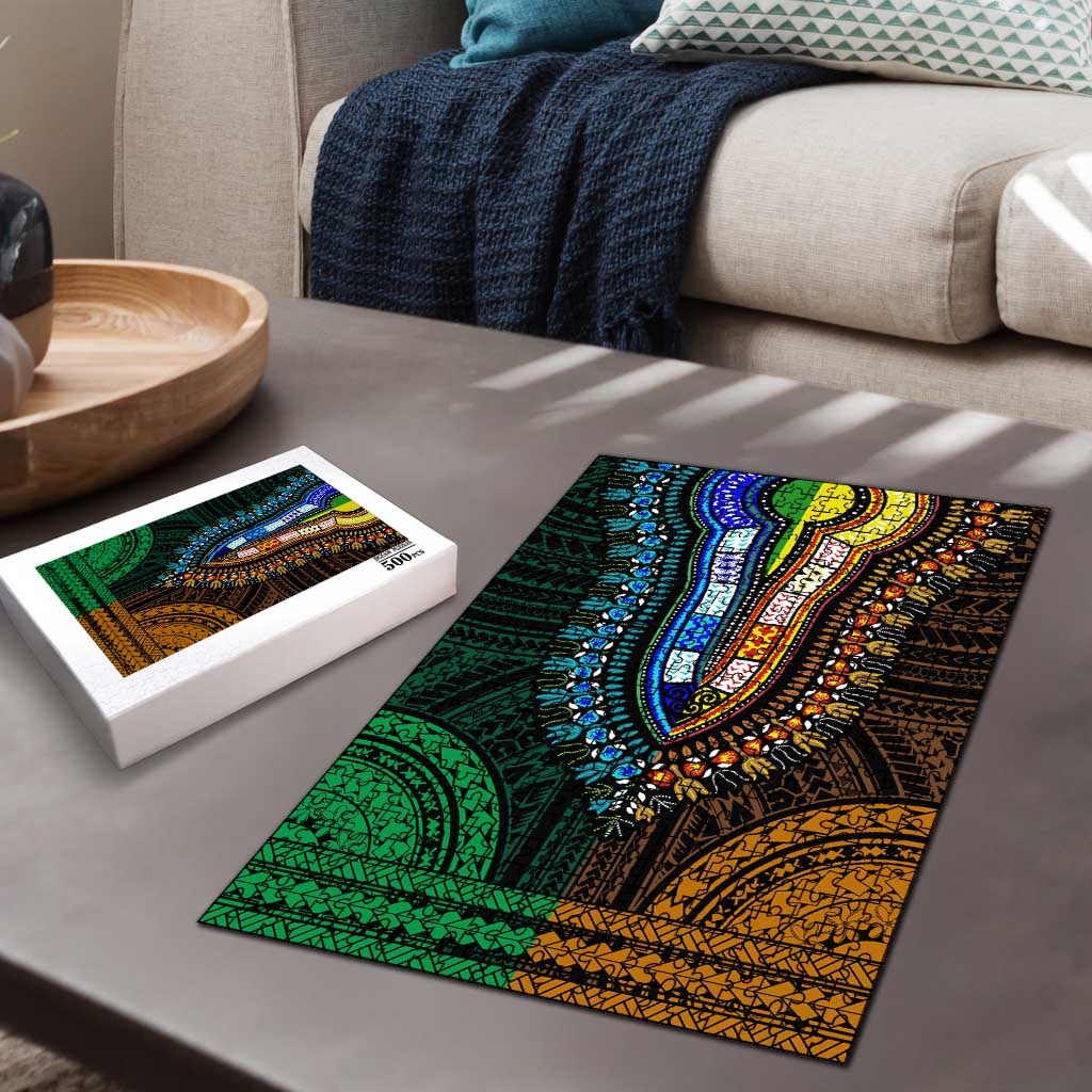 African Dashiki and Polynesian Pattern Puzzle Half Green-Gold