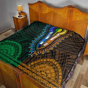 African Dashiki and Polynesian Pattern Quilt Half Green-Gold