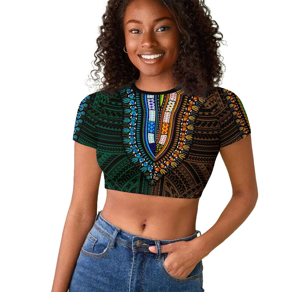 African Dashiki and Polynesian Pattern Raglan Cropped T shirt Half Green-Gold