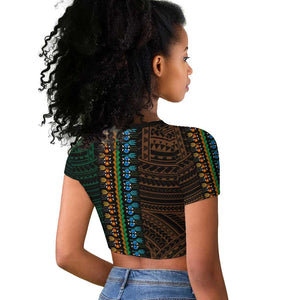 African Dashiki and Polynesian Pattern Raglan Cropped T shirt Half Green-Gold