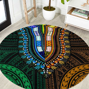 African Dashiki and Polynesian Pattern Round Carpet Half Green-Gold