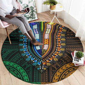 African Dashiki and Polynesian Pattern Round Carpet Half Green-Gold