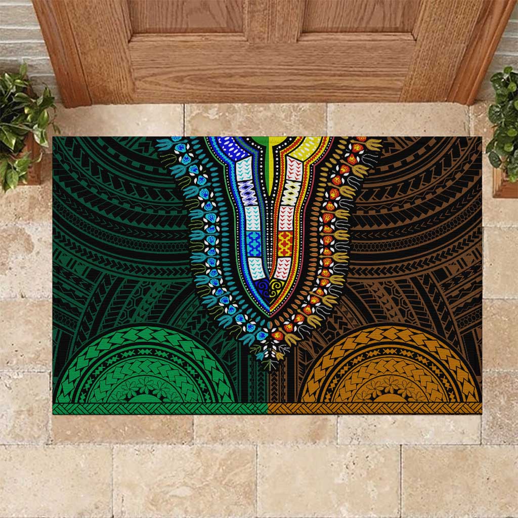 African Dashiki and Polynesian Pattern Rubber Doormat Half Green-Gold