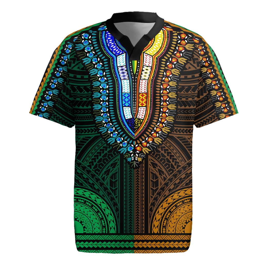 African Dashiki and Polynesian Pattern Rugby Jersey Half Green-Gold