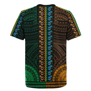 African Dashiki and Polynesian Pattern Rugby Jersey Half Green-Gold