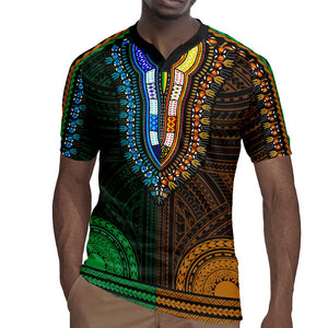 African Dashiki and Polynesian Pattern Rugby Jersey Half Green-Gold