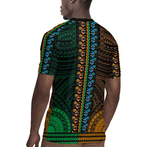 African Dashiki and Polynesian Pattern Rugby Jersey Half Green-Gold