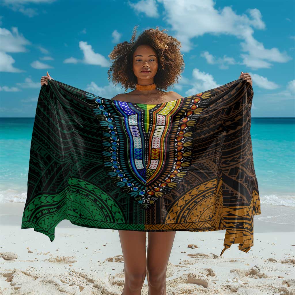 African Dashiki and Polynesian Pattern Sarong Half Green-Gold