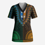 African Dashiki and Polynesian Pattern Scrub Top Half Green-Gold