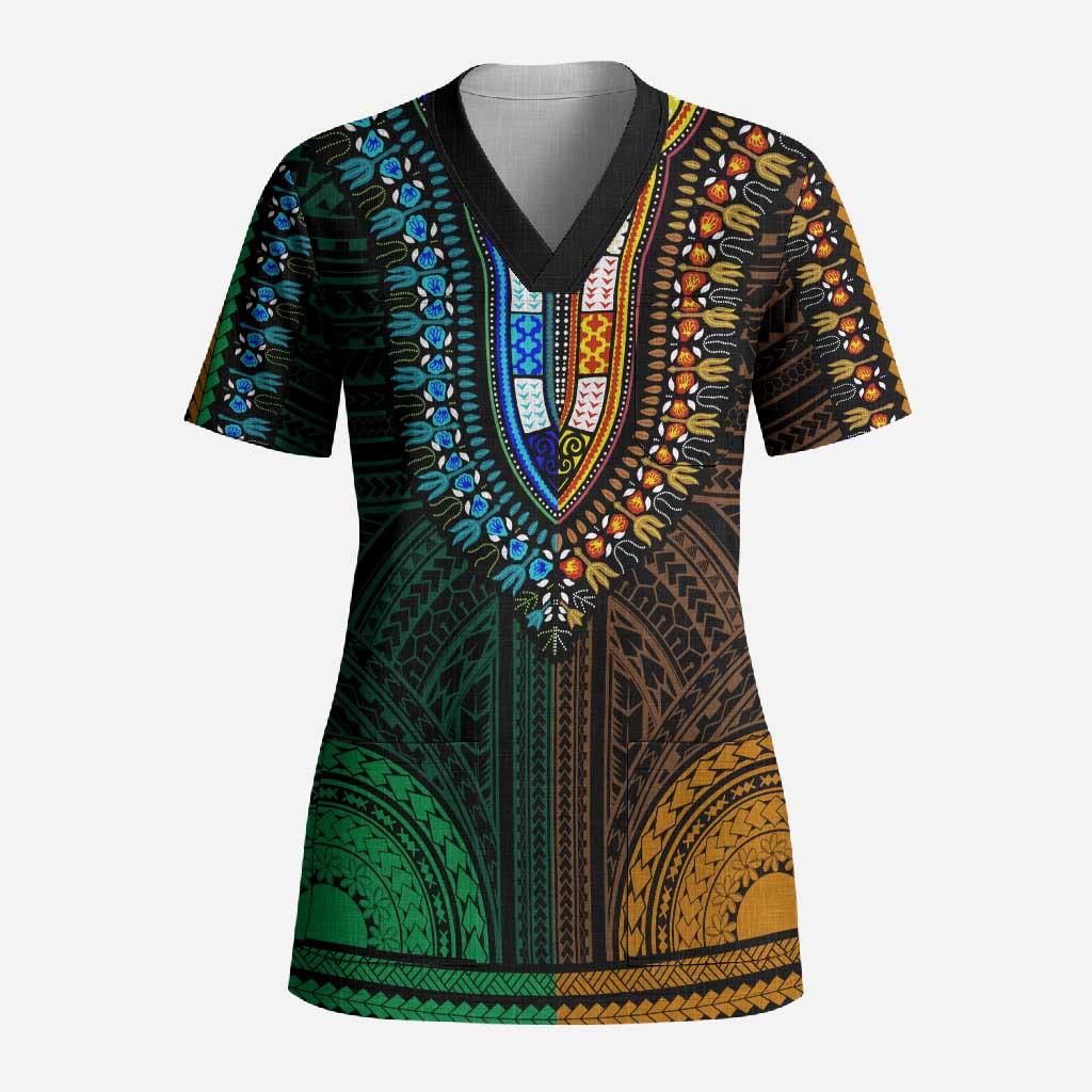 African Dashiki and Polynesian Pattern Scrub Top Half Green-Gold