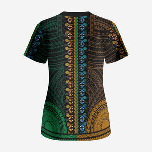 African Dashiki and Polynesian Pattern Scrub Top Half Green-Gold
