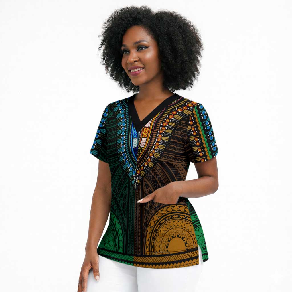 African Dashiki and Polynesian Pattern Scrub Top Half Green-Gold