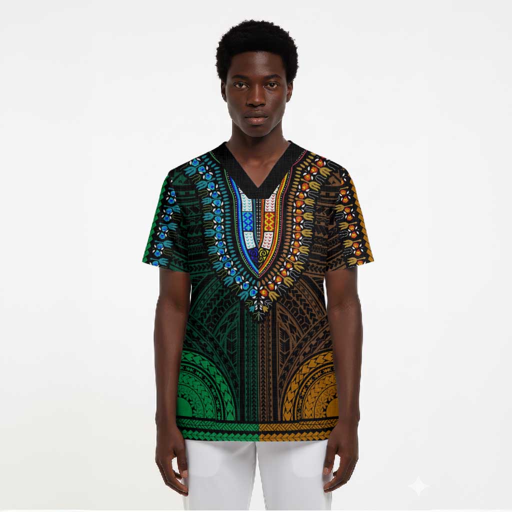 African Dashiki and Polynesian Pattern Scrub Top Half Green-Gold