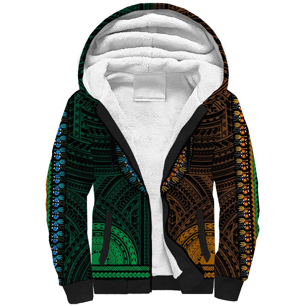 African Dashiki and Polynesian Pattern Sherpa Hoodie Half Green-Gold