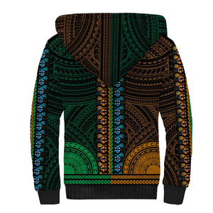 African Dashiki and Polynesian Pattern Sherpa Hoodie Half Green-Gold