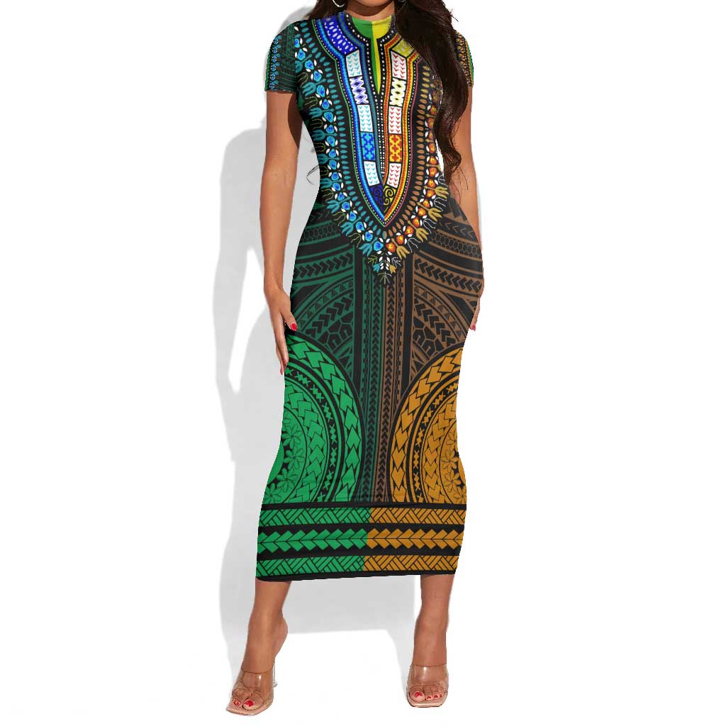 African Dashiki and Polynesian Pattern Short Sleeve Bodycon Dress Half Green-Gold