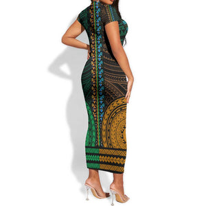 African Dashiki and Polynesian Pattern Short Sleeve Bodycon Dress Half Green-Gold