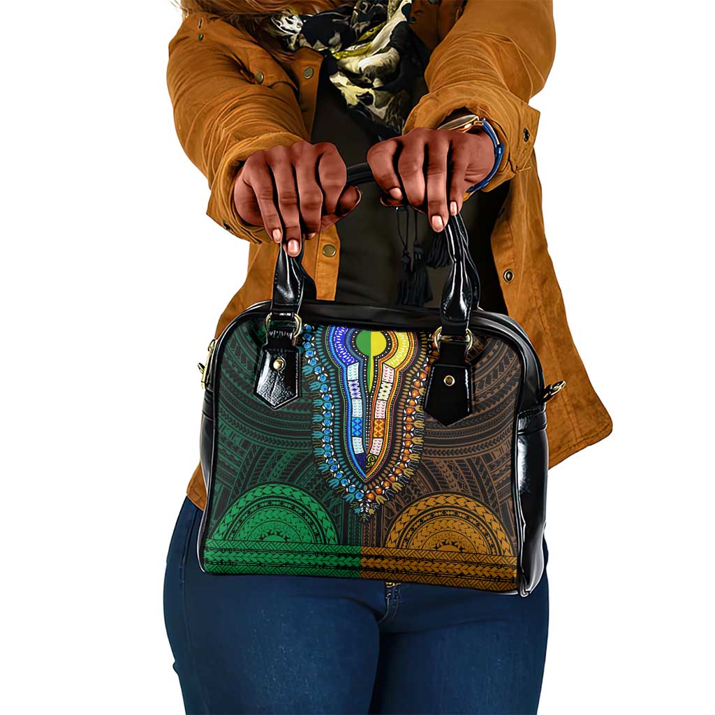 African Dashiki and Polynesian Pattern Shoulder Handbag Half Green-Gold