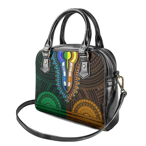 African Dashiki and Polynesian Pattern Shoulder Handbag Half Green-Gold