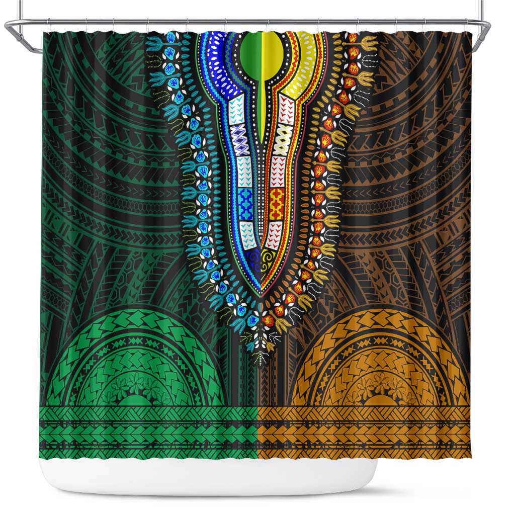 African Dashiki and Polynesian Pattern Shower Curtain Half Green-Gold