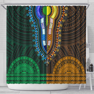 African Dashiki and Polynesian Pattern Shower Curtain Half Green-Gold