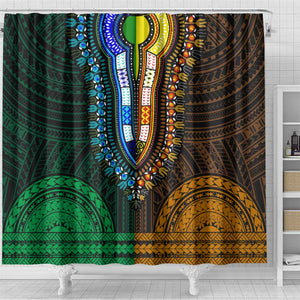 African Dashiki and Polynesian Pattern Shower Curtain Half Green-Gold