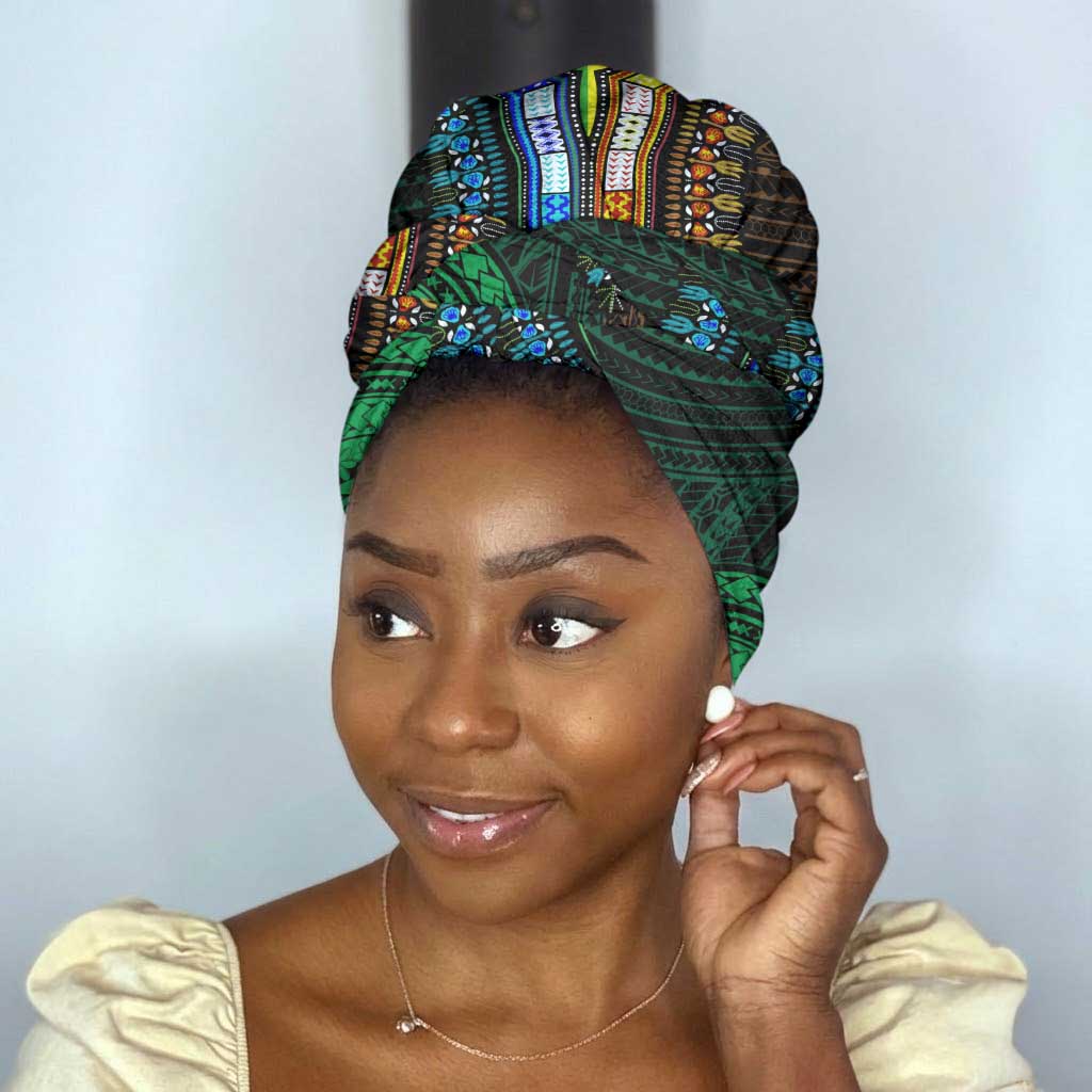 African Dashiki and Polynesian Pattern Simple Headwrap Half Green-Gold