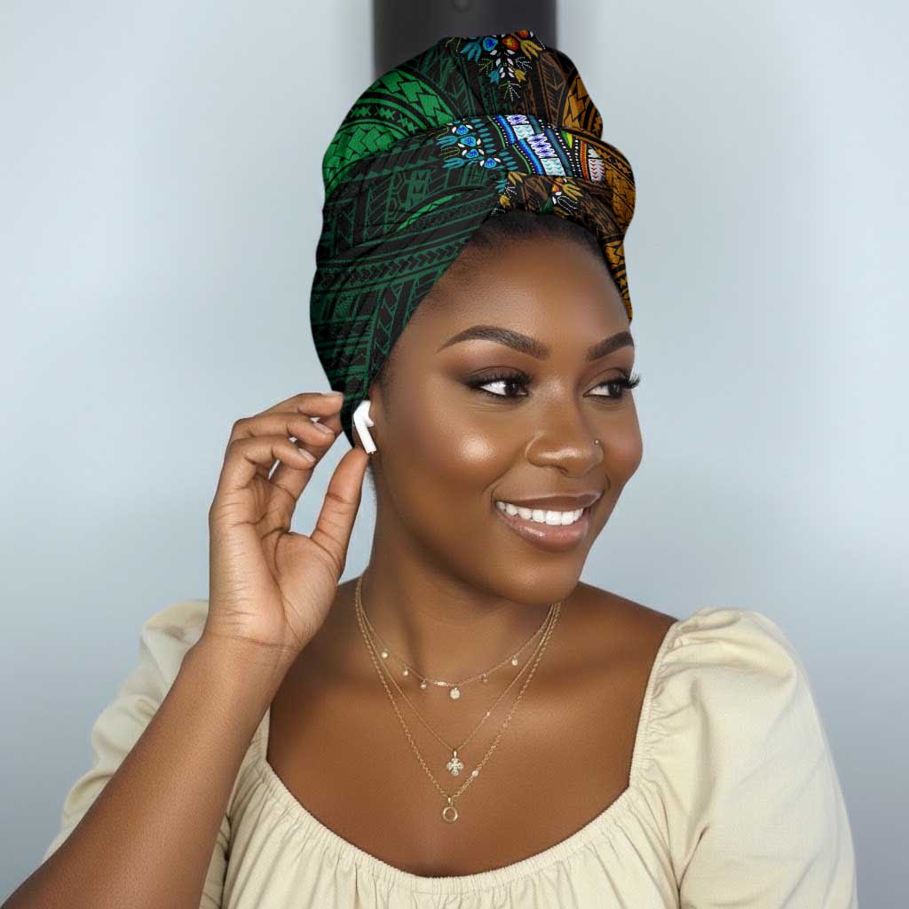 African Dashiki and Polynesian Pattern Simple Headwrap Half Green-Gold