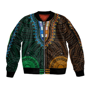 African Dashiki and Polynesian Pattern Sleeve Zip Bomber Jacket Half Green-Gold