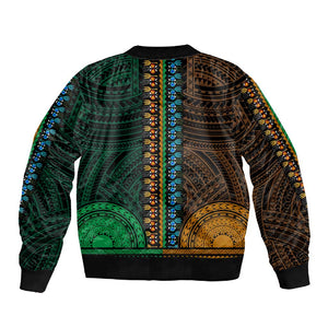 African Dashiki and Polynesian Pattern Sleeve Zip Bomber Jacket Half Green-Gold