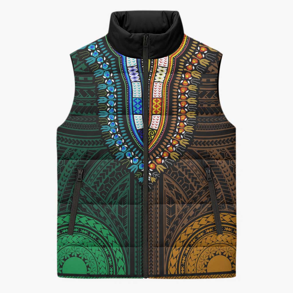 African Dashiki and Polynesian Pattern Sleeveless Puffer Jacket Half Green-Gold
