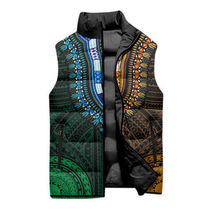 African Dashiki and Polynesian Pattern Sleeveless Puffer Jacket Half Green-Gold