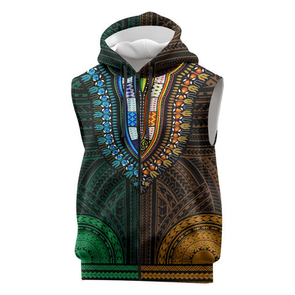 African Dashiki and Polynesian Pattern Sleeveless Zip Hoodie Half Green-Gold - African Pride