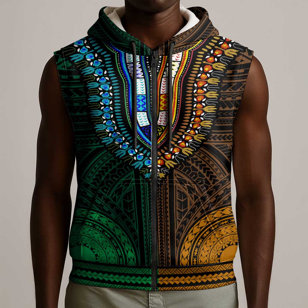 African Dashiki and Polynesian Pattern Sleeveless Zip Hoodie Half Green-Gold - African Pride