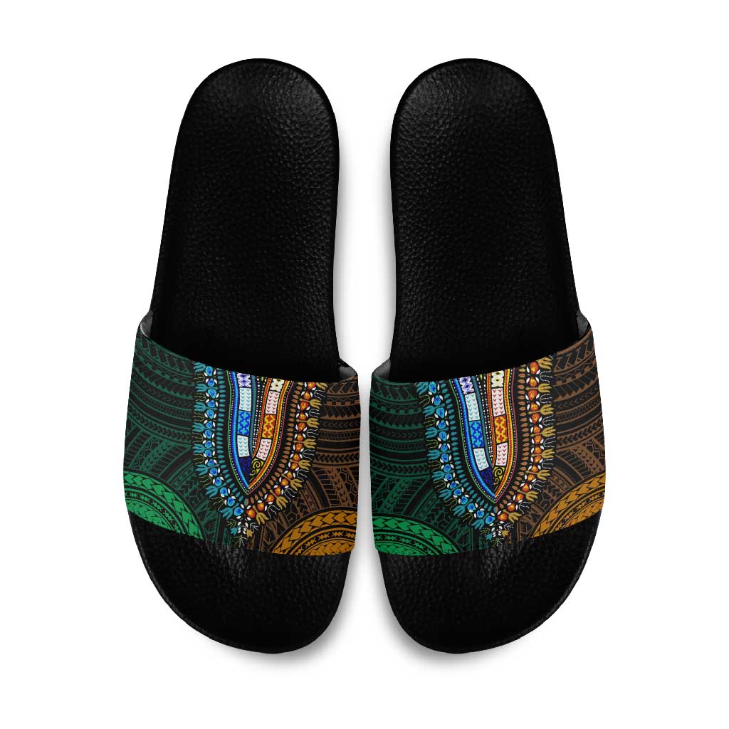 African Dashiki and Polynesian Pattern Slide Sandals Half Green-Gold