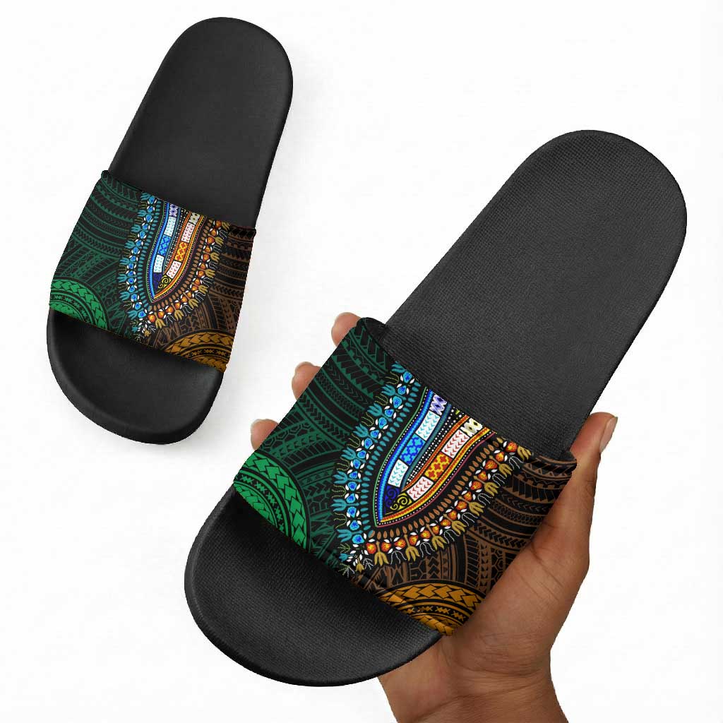 African Dashiki and Polynesian Pattern Slide Sandals Half Green-Gold