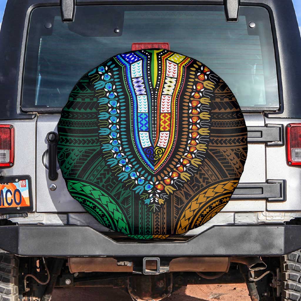 African Dashiki and Polynesian Pattern Spare Tire Cover Half Green-Gold