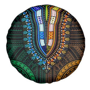 African Dashiki and Polynesian Pattern Spare Tire Cover Half Green-Gold