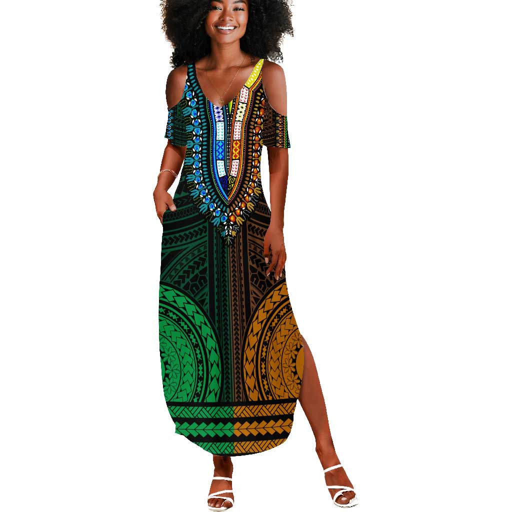 African Dashiki and Polynesian Pattern Summer Maxi Dress Half Green-Gold