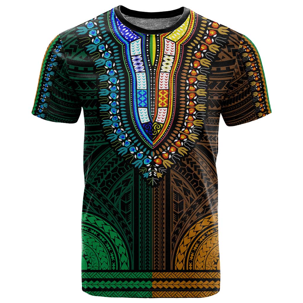 African Dashiki and Polynesian Pattern T shirt Half Green-Gold