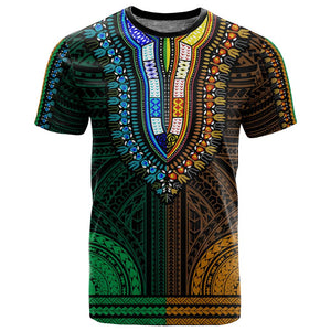 African Dashiki and Polynesian Pattern T shirt Half Green-Gold