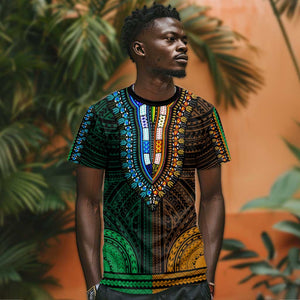 African Dashiki and Polynesian Pattern T shirt Half Green-Gold