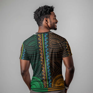 African Dashiki and Polynesian Pattern T shirt Half Green-Gold