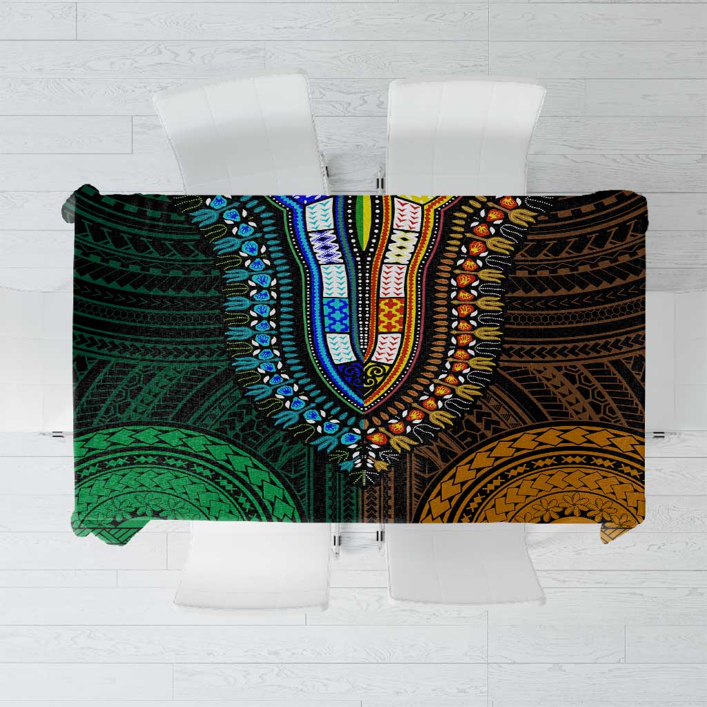 African Dashiki and Polynesian Pattern Tablecloth Half Green-Gold