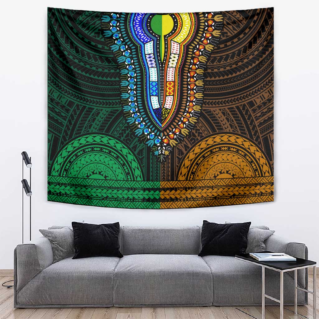 African Dashiki and Polynesian Pattern Tapestry Half Green-Gold