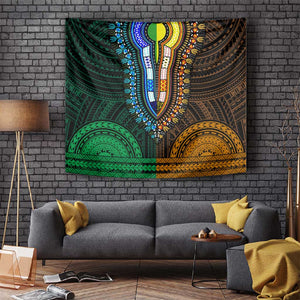 African Dashiki and Polynesian Pattern Tapestry Half Green-Gold