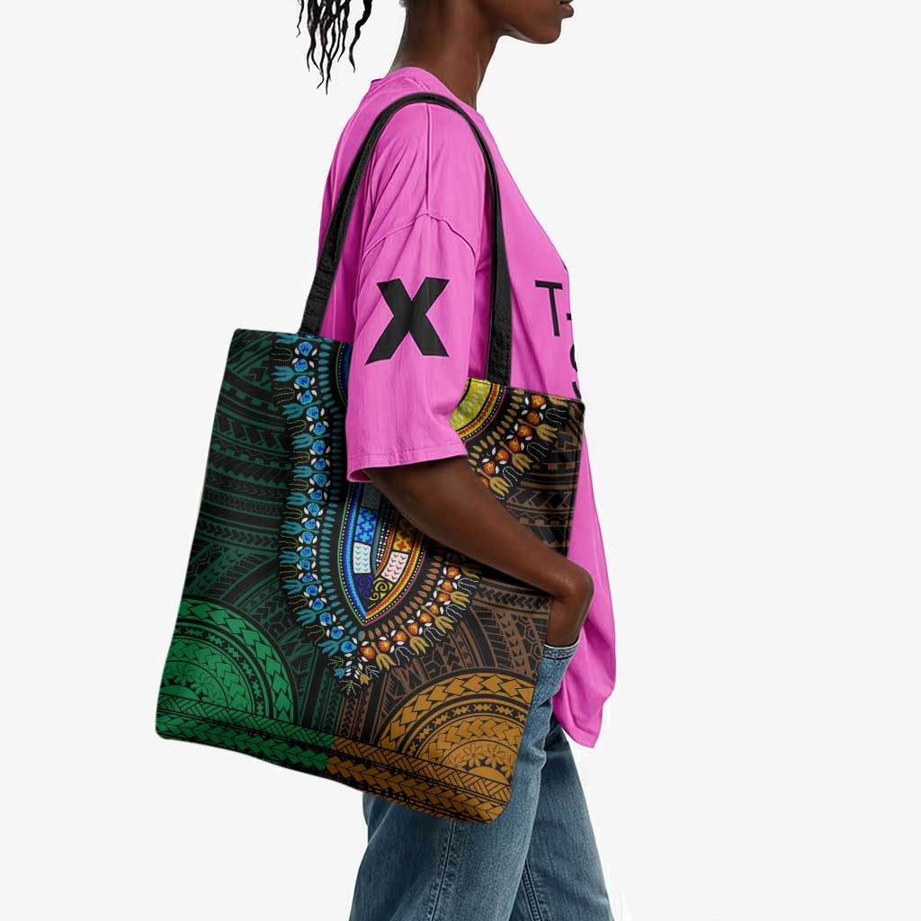 African Dashiki and Polynesian Pattern Tote Bag Half Green-Gold