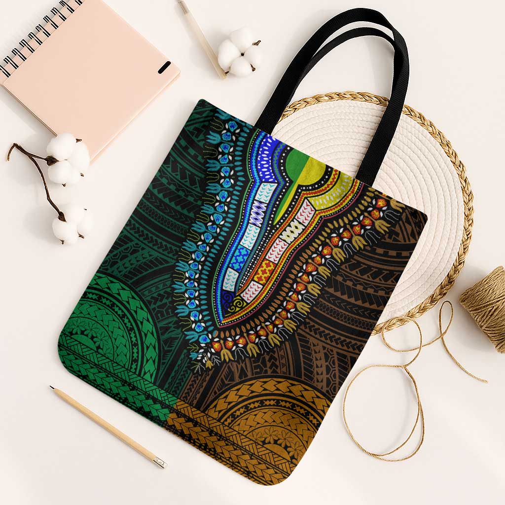 African Dashiki and Polynesian Pattern Tote Bag Half Green-Gold