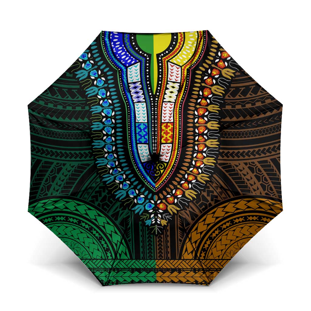 African Dashiki and Polynesian Pattern Umbrella Half Green-Gold