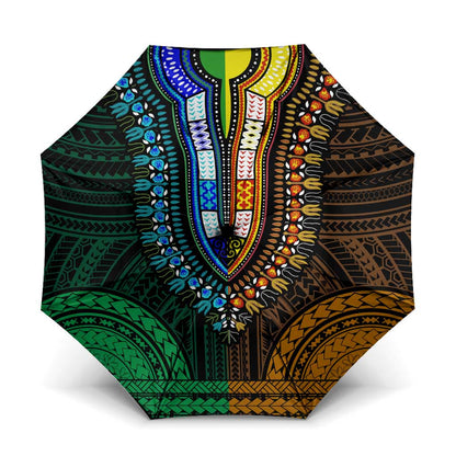 African Dashiki and Polynesian Pattern Umbrella Half Green-Gold